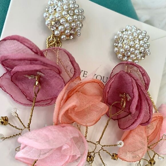 New mesh flower and pearl earrings(Silver Needle) - Picture 7 of 14